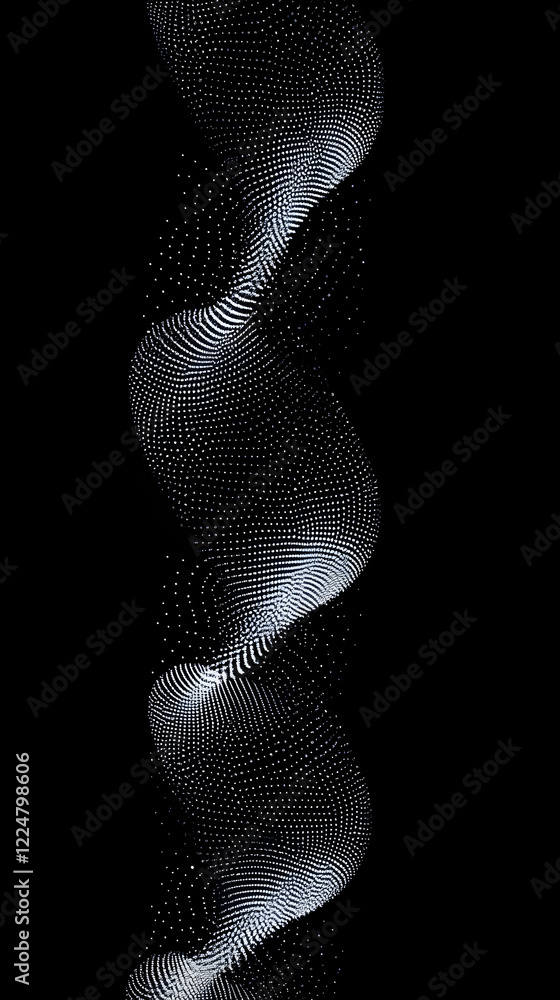 Aufkleber abstract white dotted spiral structure twists dynamically against a black background.
