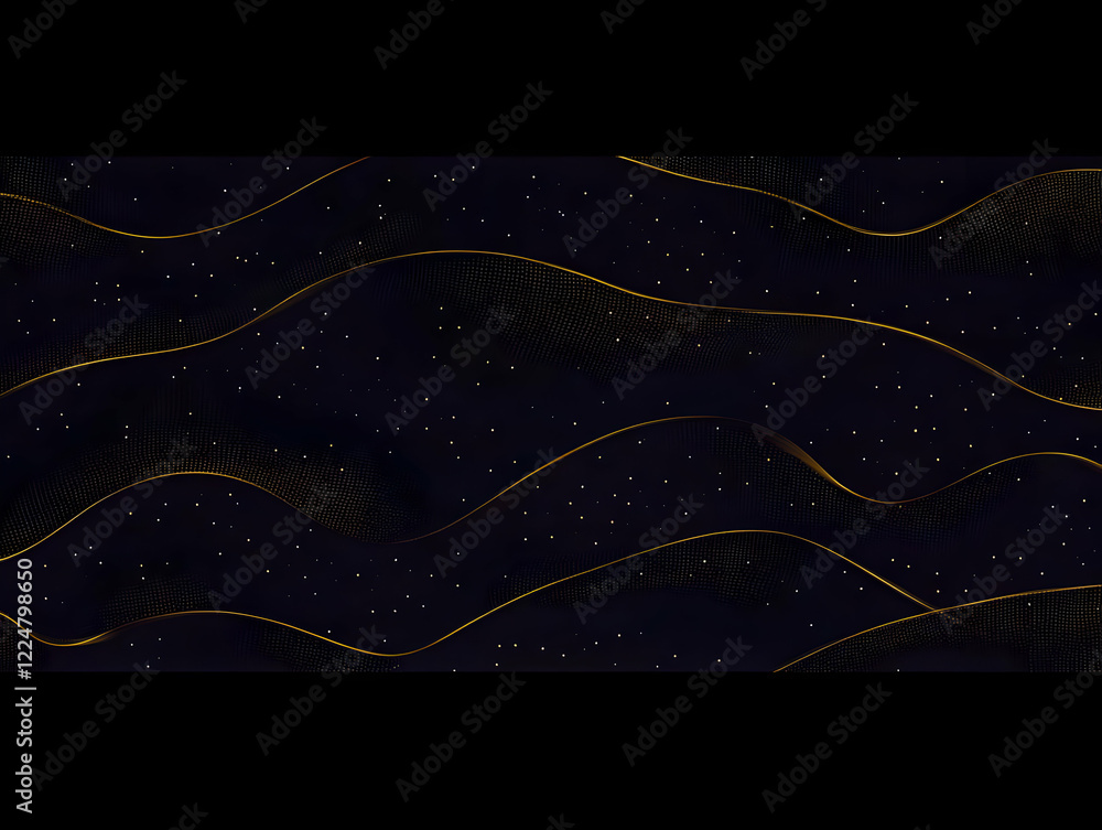 Poster abstract background with golden wavy lines and glitter dots on a dark background
