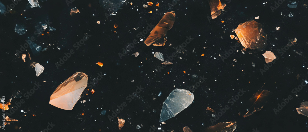 Poster dark background featuring broken glass fragments with contrasting textures and colors