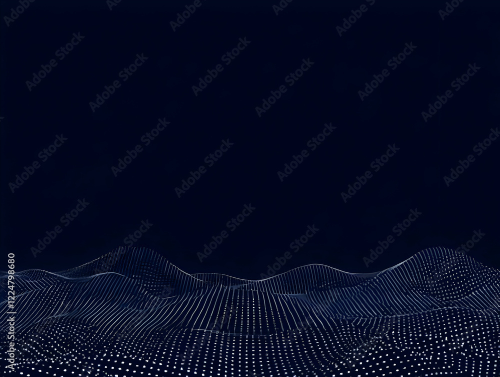 Poster abstract 3d landscape forms rolling hills with glowing grid pattern in deep blue
