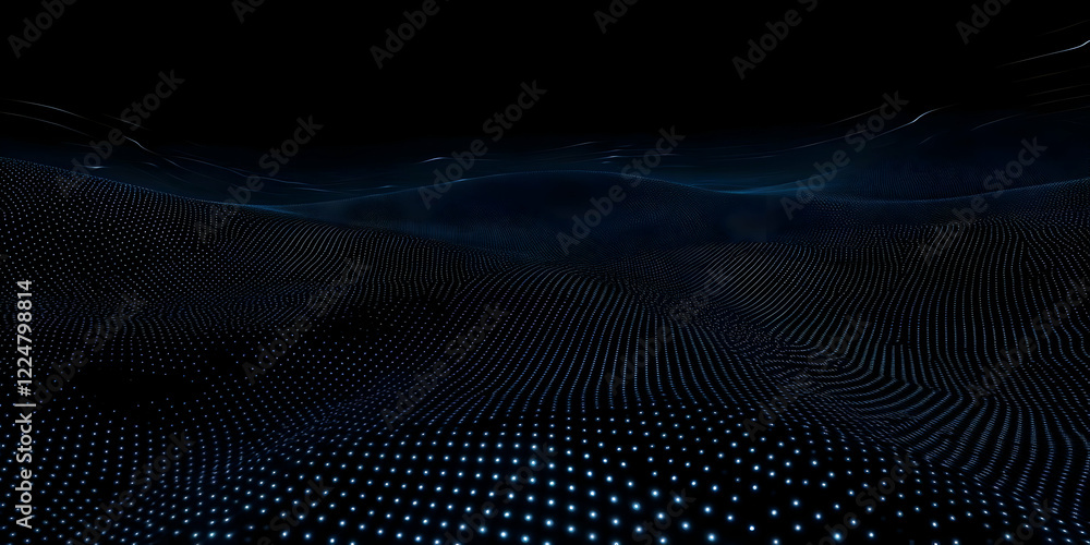 Poster abstract 3d landscape forms undulating waves with glowing dots in the dark background.