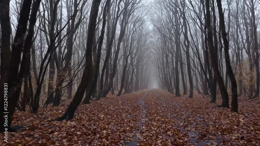 Poster A moody forest path in late autumn with fallen leaves, soft drizzle, and a misty backdrop adding depth and atmosphere.
