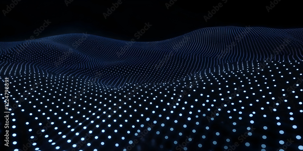 Poster abstract 3d background forms glowing dots waving smoothly in the dark space
