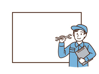 作業着を着た男性のフレーム_スパナとバインダー