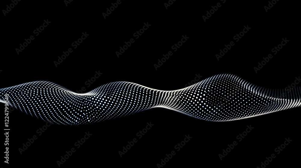 Poster abstract wave of white dots flows smoothly across a dark background