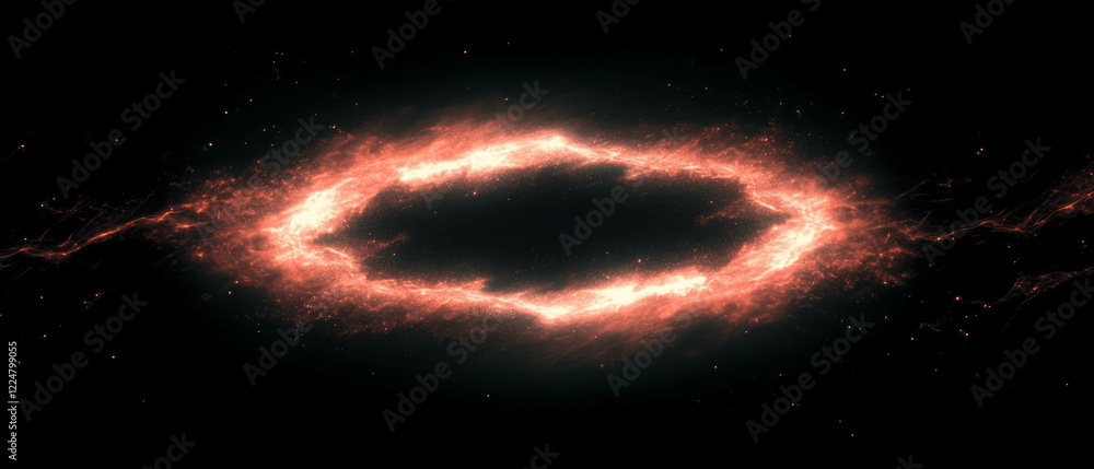 Poster Dense fiery sparks create a burning effect in a dark setting with a central empty space