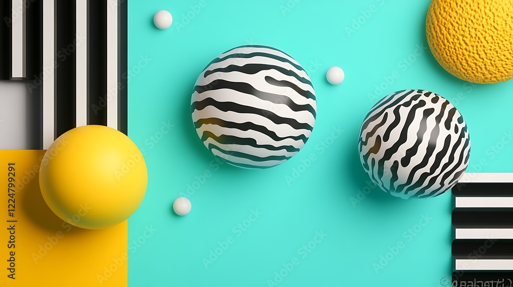 Aufkleber abstract composition of colorful geometric shapes with patterned spheres and solid forms on vibrant 