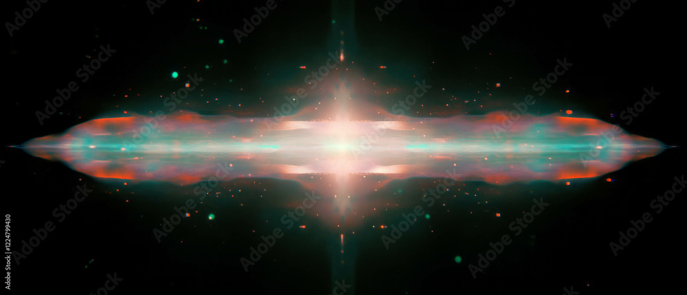 Poster distorted dust overlays with glitching light on a dark background in digital art