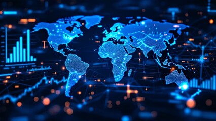 Global Digital Network Data Visualization with World Map and Business Analytics Interface PC, Laptop Wallpaper