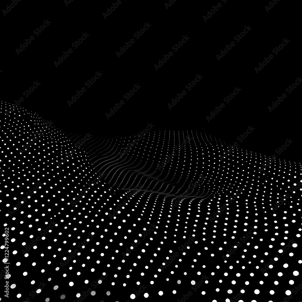 Poster abstract 3d dotted wavy surface flows smoothly on a black background. elegant design.