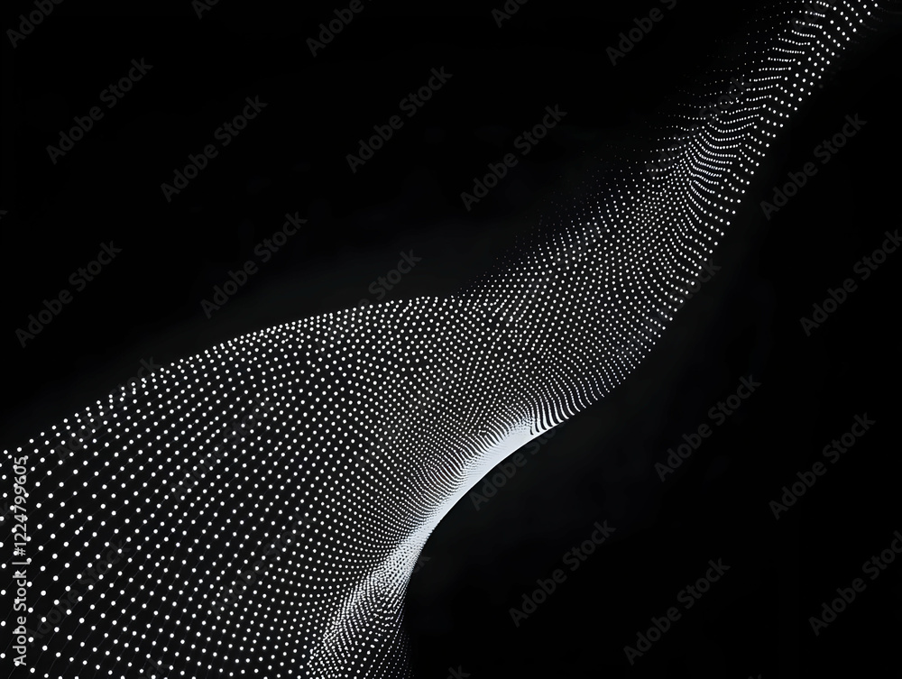 Poster abstract background with wavy pattern of white dots on a black background gently curves and creates 