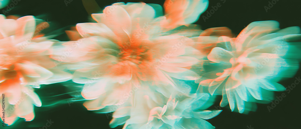 Poster digital art featuring distorted glitching petal effects on a black background