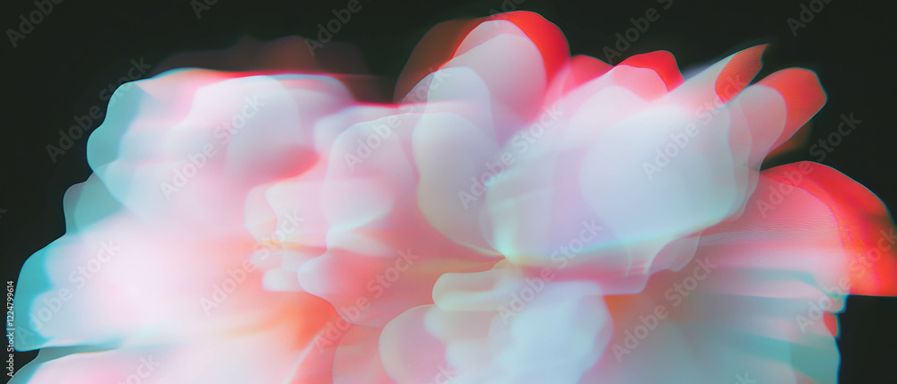 Poster glitching petal effects with vibrant distortion on a black background in digital art style