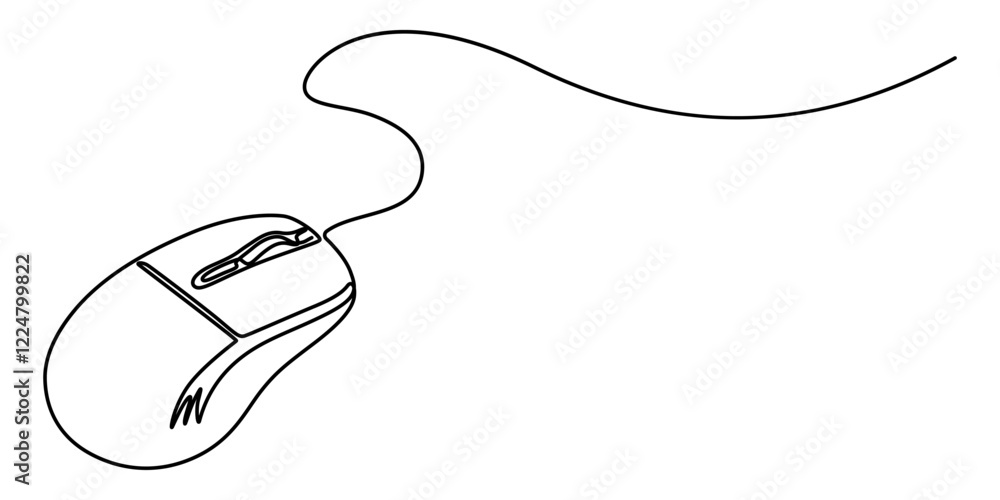 Poster Computer Mouse line icon, Drawn continuous one line computer mouse logo. Vector illustration, Computer Mouse Black Stroke Linear Icon, Mouse computer one continuous single line art drawing. Minimal. 