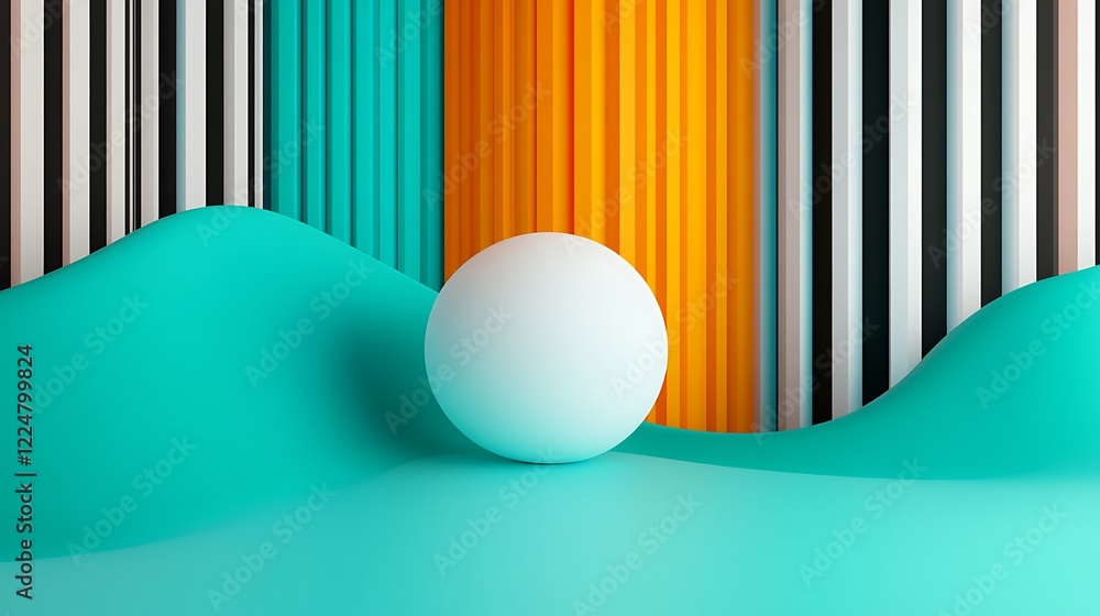 Poster abstract composition with colorful stripes and a smooth sphere on a wavy surface in minimalistic des