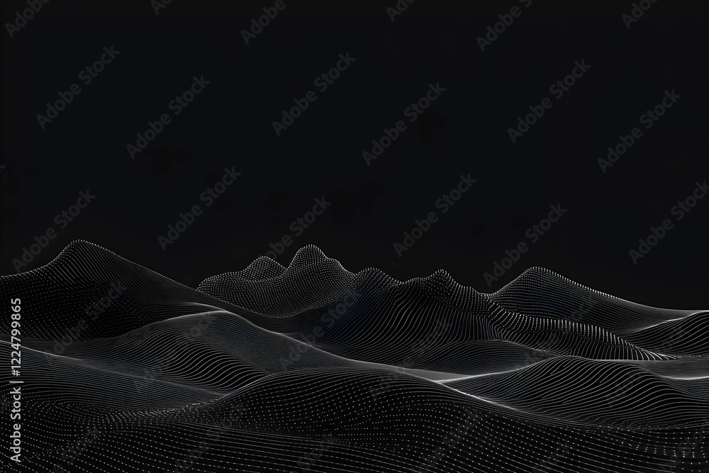 Poster abstract 3d wireframe landscape forms a digital terrain on a black background