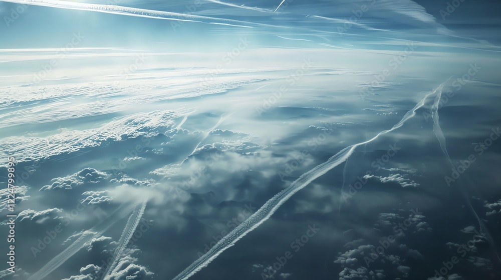 Poster a view from an airplane looking down at clouds.