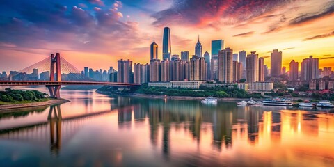 Fototapeta premium Minimalist Chongqing Cityscape: Skyline and River at Dusk