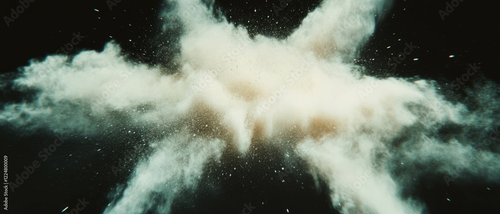 Poster disturbed dust texture with dynamic blur and light shafts against a black background