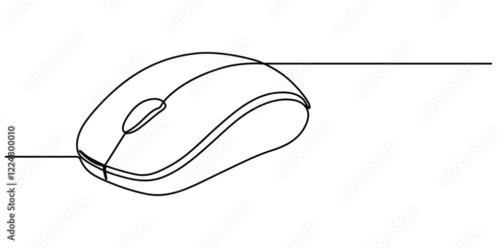 Poster Computer Mouse line icon, Drawn continuous one line computer mouse logo. Vector illustration, Computer Mouse Black Stroke Linear Icon, Mouse computer one continuous single line art drawing. Minimal. 