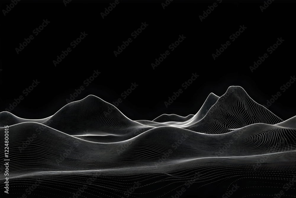 Aufkleber abstract 3d wireframe landscape forms a rolling terrain with peaks in a dark void.