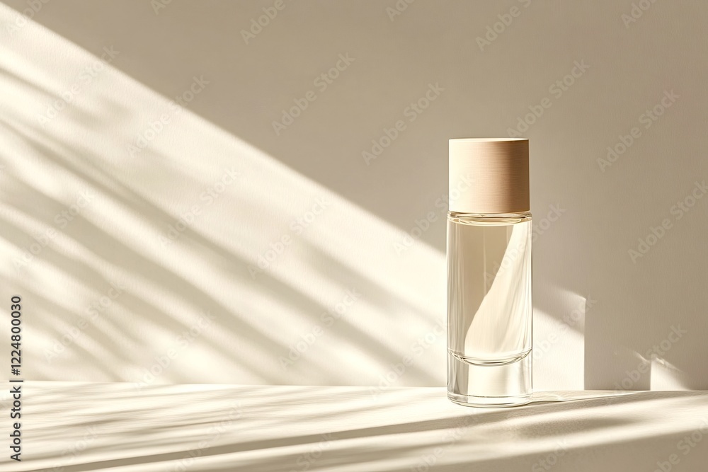 Poster sunlight streaming through a window casts intriguing shadows on a transparent perfume bottle resting