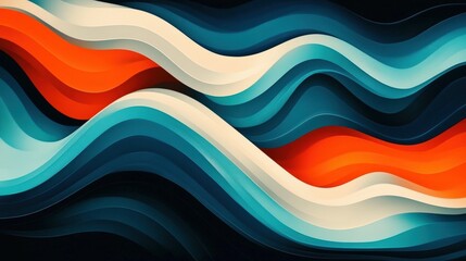 Fototapeta premium Vibrant psychedelic flowing patterns in orange, blue, teal, and white against a dark background, ideal for dance music album cover or party promotion with 70s and 80s retro inspiration