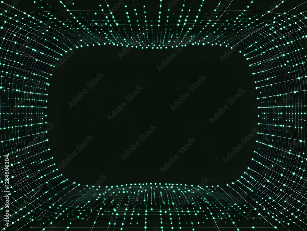 Aufkleber abstract 3d green grid forms frame with glowing dots on dark background with data visualization.