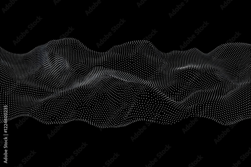 Poster abstract 3d dotted wave landscape flows dynamically on a black background