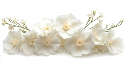 Fototapeta premium Delicate white flowers arrangement with small stems on a clean white background studio shot