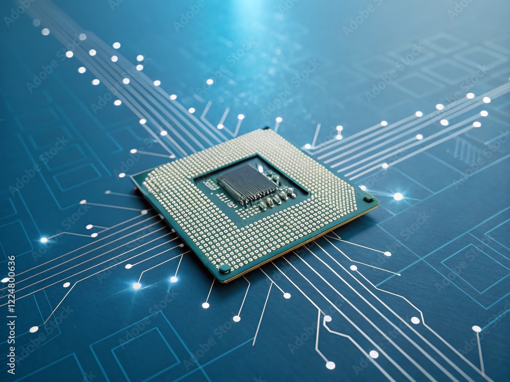 Poster minimalist cpu chip on blue: abstract tech background stock photo
