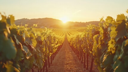 Naklejka premium Breathtaking Vineyard at Sunset: A Serene Path through Lush Green Vines with the Golden Sun Setting on the Horizon and a Tranquil Atmosphere