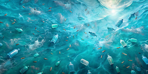 Fototapeta premium Plastic bottles, disturbing mood, scattered in polluted ocean water, environmental awareness concept 