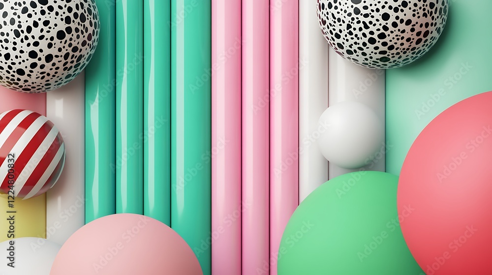 Poster Abstract geometric composition with colorful spheres and striped patterns on a vibrant backdrop