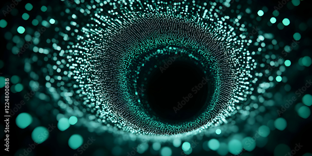 Poster abstract 3d tunnel forms with glowing particles swirling dynamically in the dark background.