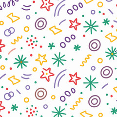 Colorful festive seamless pattern with stars, circles, and confetti.