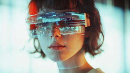 Multiple exposure of a young woman using augmented reality glasses, overlaying holographic AI data projections.
