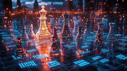 Fototapeta premium Digital chess ai clash on a binary code battlefield