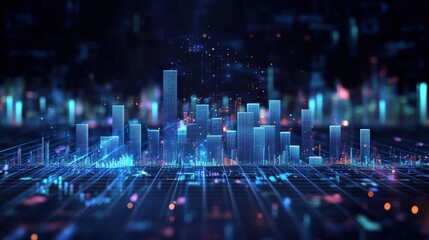 View of stock market expansion, business investment, and data analysis concept featuring digital financial charts, graphs, and indicators against a dark blue blurred background