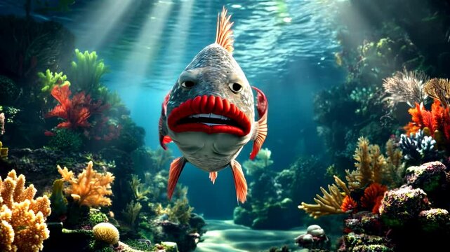 Colorful underwater scene featuring a whimsical red lipped batfish swimming among vibrant corals