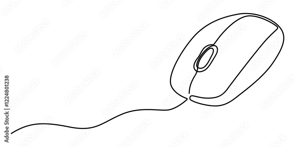 Poster Computer Mouse line icon, Drawn continuous one line computer mouse logo. Vector illustration, Computer Mouse Black Stroke Linear Icon, Mouse computer one continuous single line art drawing. Minimal. 