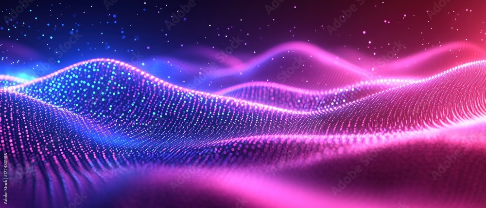Poster abstract digital landscape with glowing particles in blue and pink hues creating a wave pattern