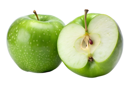 close up of green tow apple and half isolated on w transparent background png