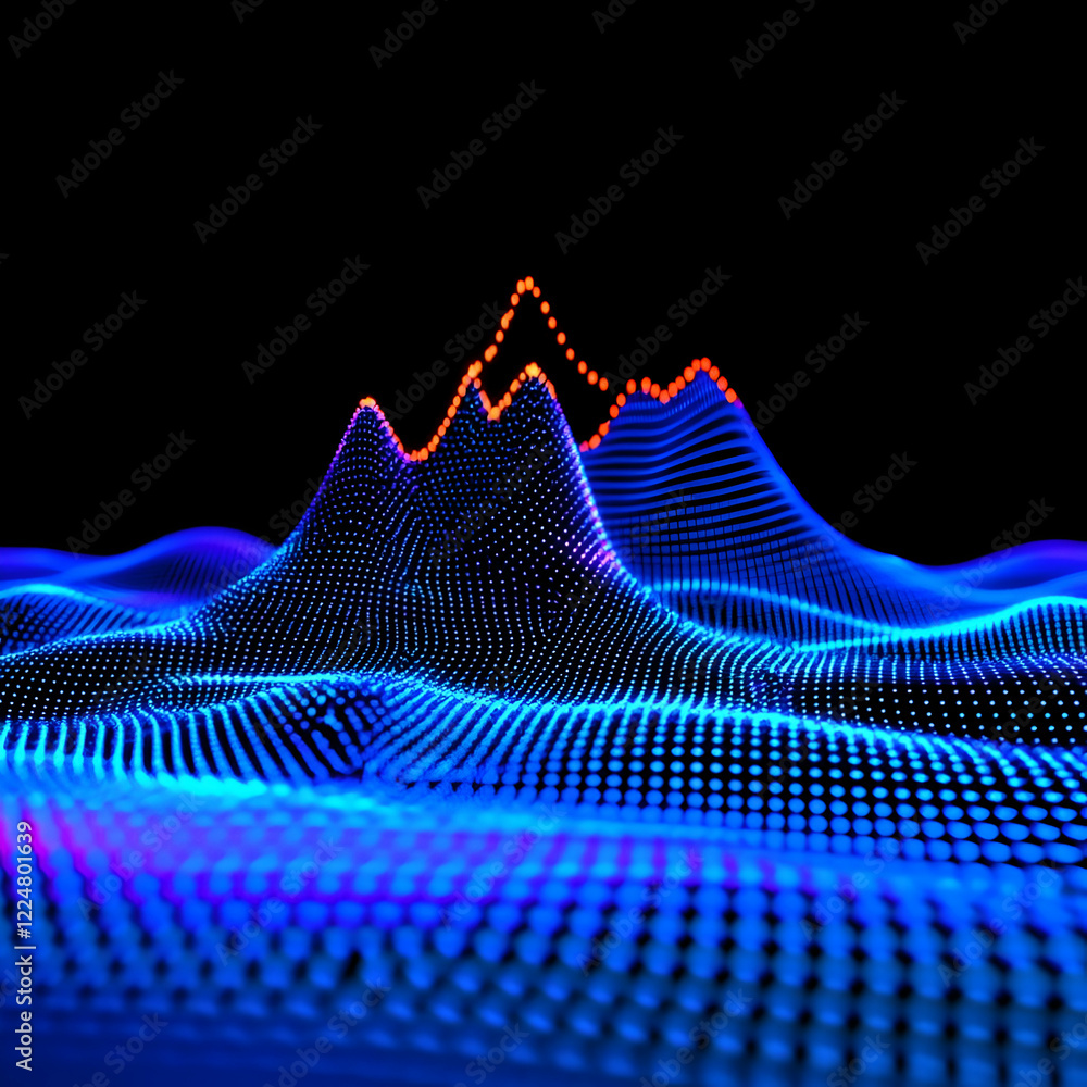 Poster abstract 3d landscape forms undulating peaks of glowing dots dynamically against a dark background.
