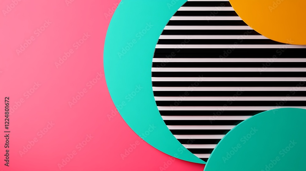 Poster Abstract geometric shapes in vibrant colors on a striped background creating a modern design concept