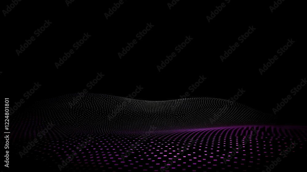 Poster abstract purple particle wave flows smoothly on a dark background with subtle lighting.