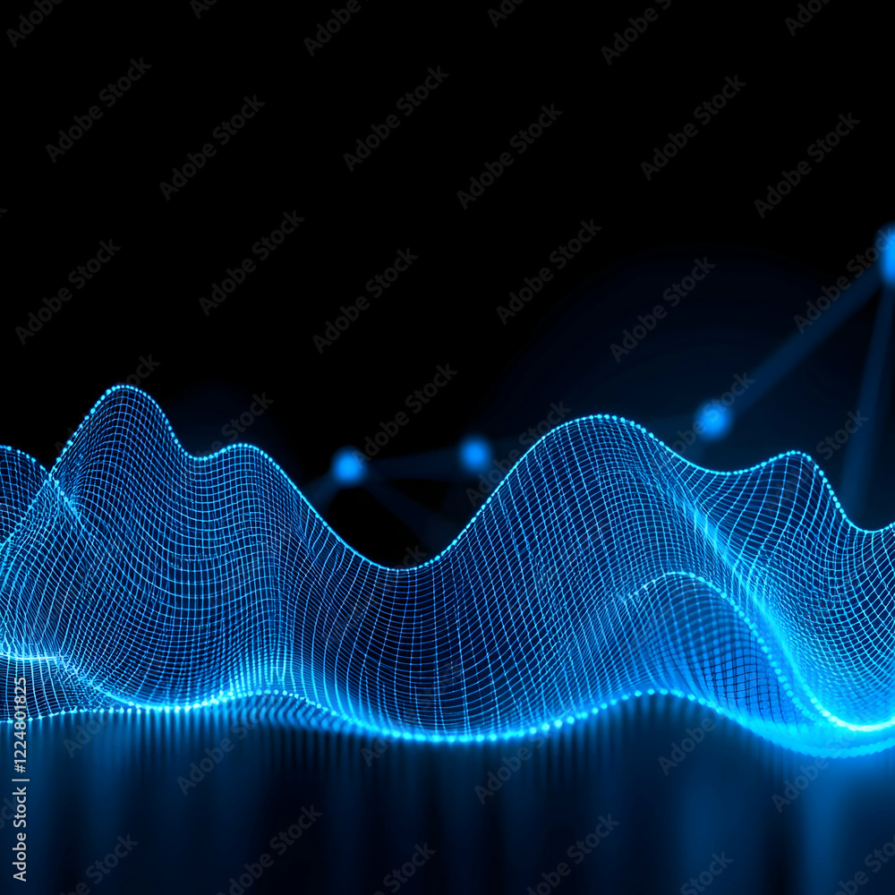 Poster abstract blue wavy grid flows smoothly in dark background with subtle lighting effects