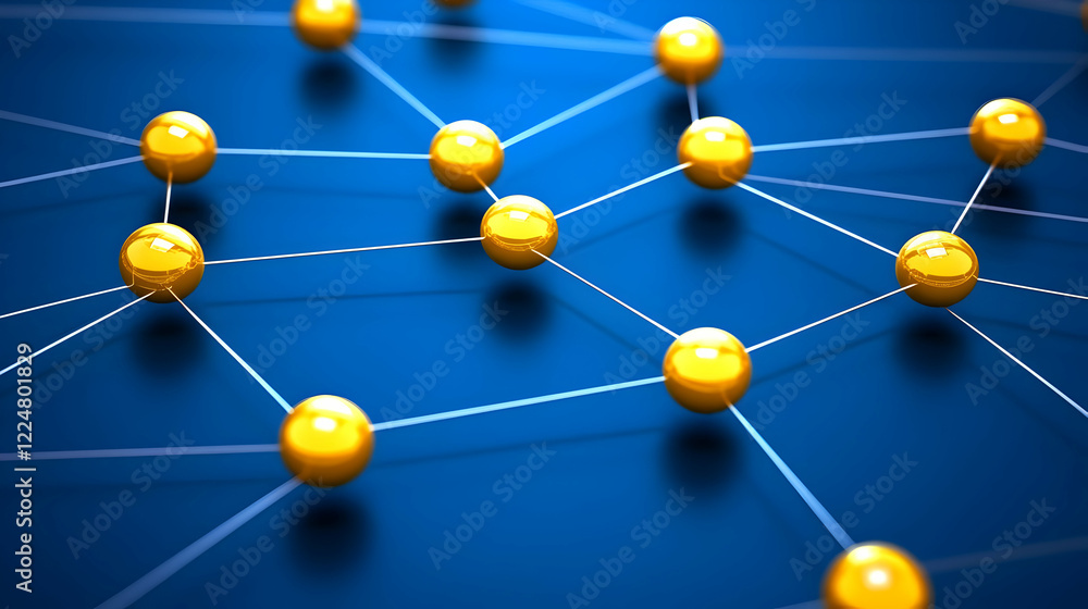 Poster golden spheres interconnected by white lines form a complex network on a blue background, symbolizin