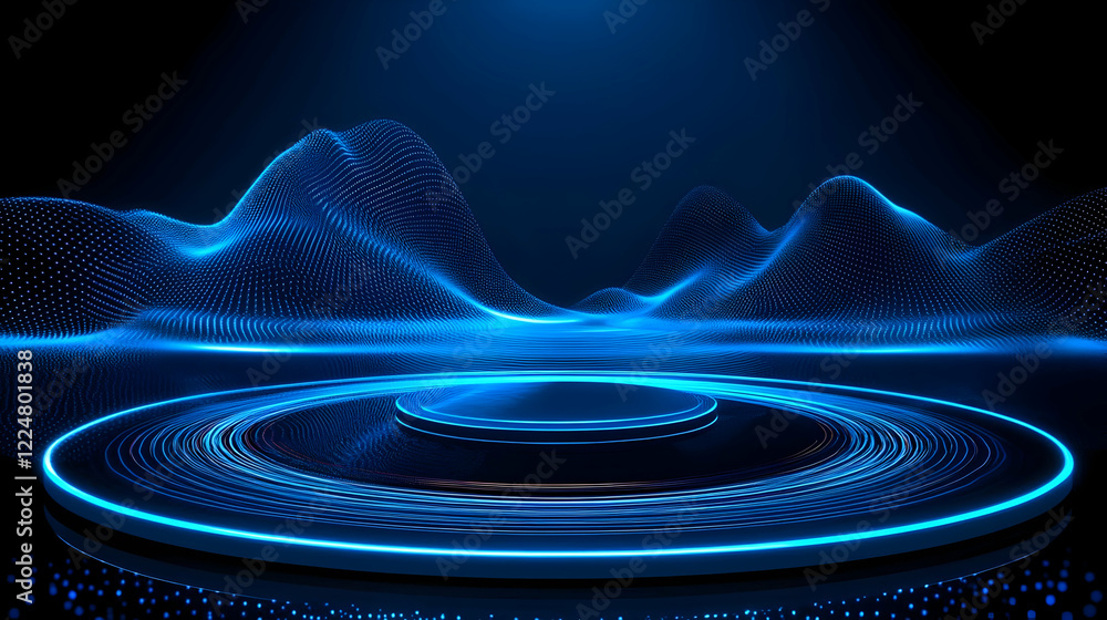 Poster abstract 3d landscape with glowing circular platform and digital wave background subtly showcasing i