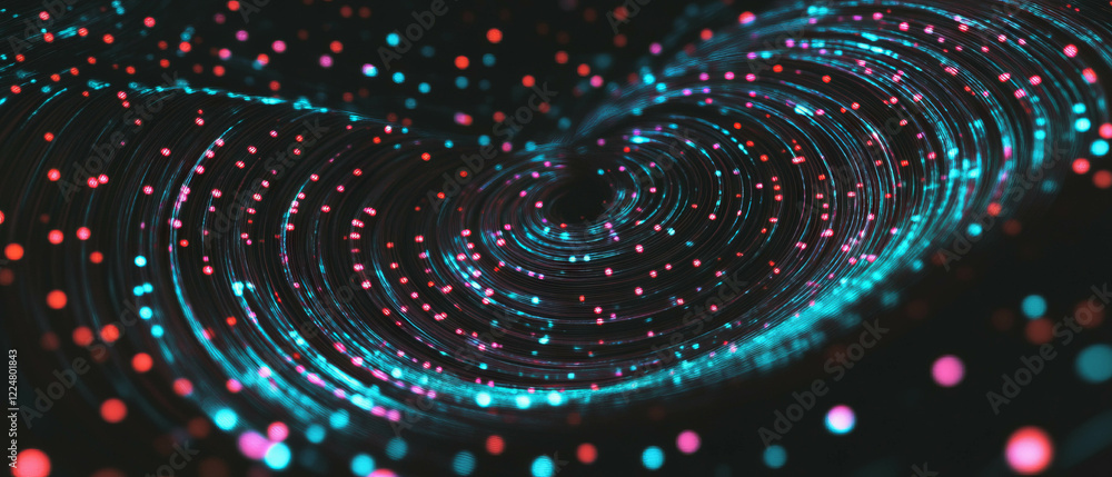 Poster Dynamic spiral pattern with dot texture on black background creates mesmerizing effect